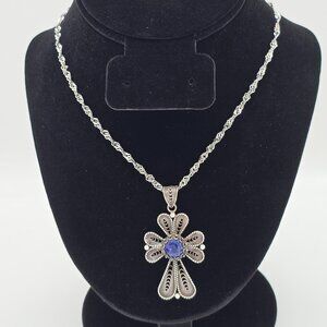 Vintage Sterling Silver Lapis Lazuli DGS 925 Turkey Filigree Cross Necklace